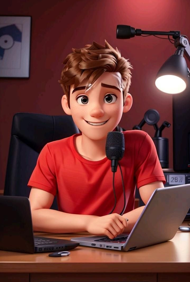 Animated young boy in a red shirt sitting at a desk with two laptops and a microphone, showcasing a cheerful expression