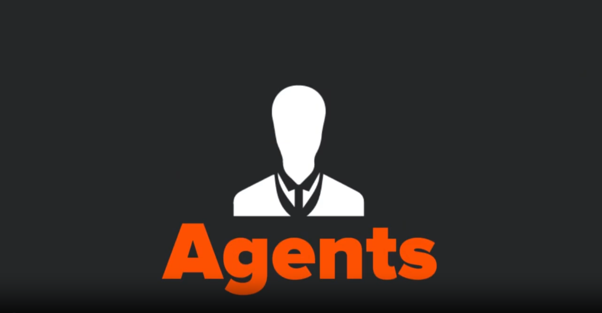 Stylized white silhouette of person with suit and tie above the bold orange word 'Agents' on dark background