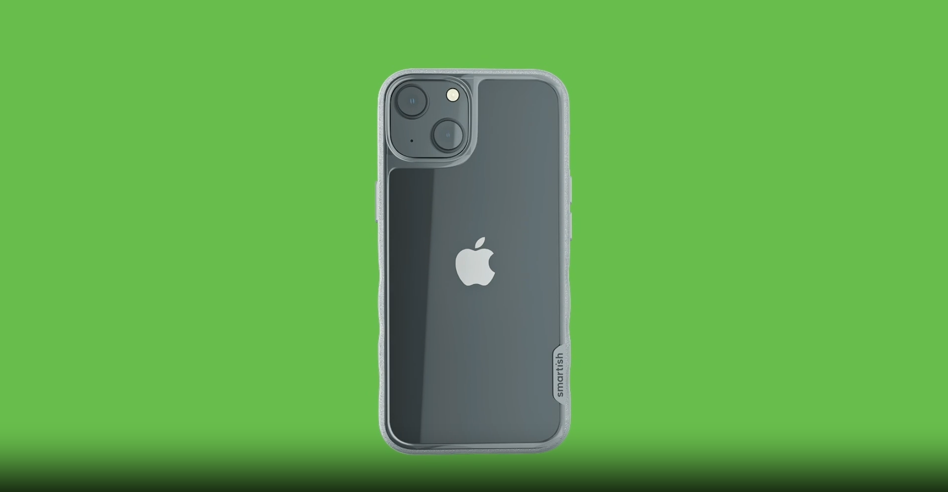 Close-up view of an Apple iPhone 14 back cover with a transparent case, displaying the Apple logo.