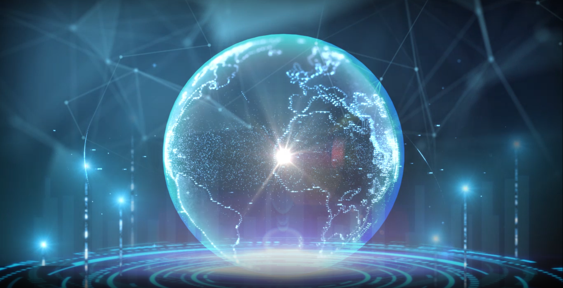 Digital globe with glowing connections and data points, representing global connectivity and technology.