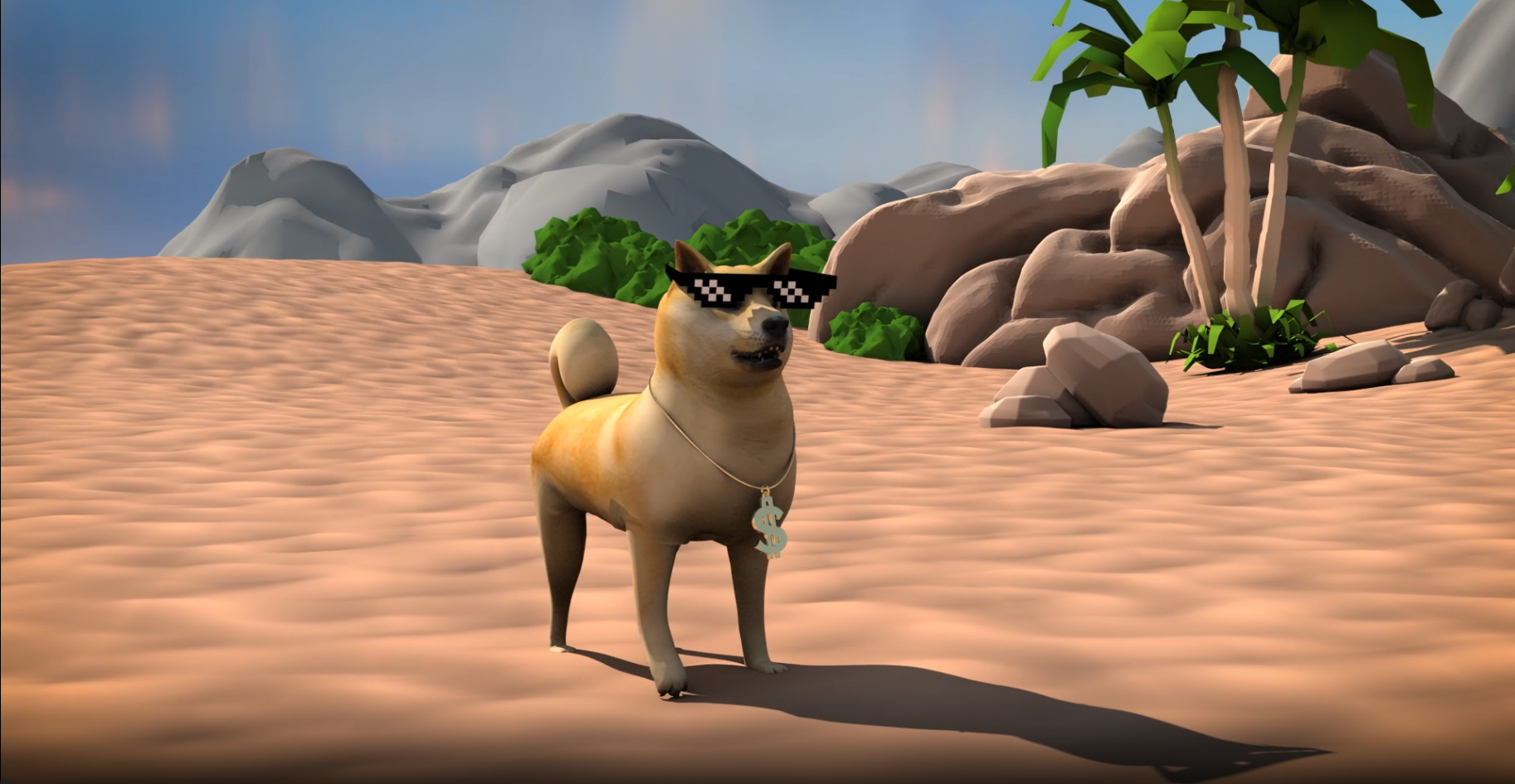 3D animated dog wearing sunglasses and gold chain standing on sandy terrain with rocks and green plants in the background