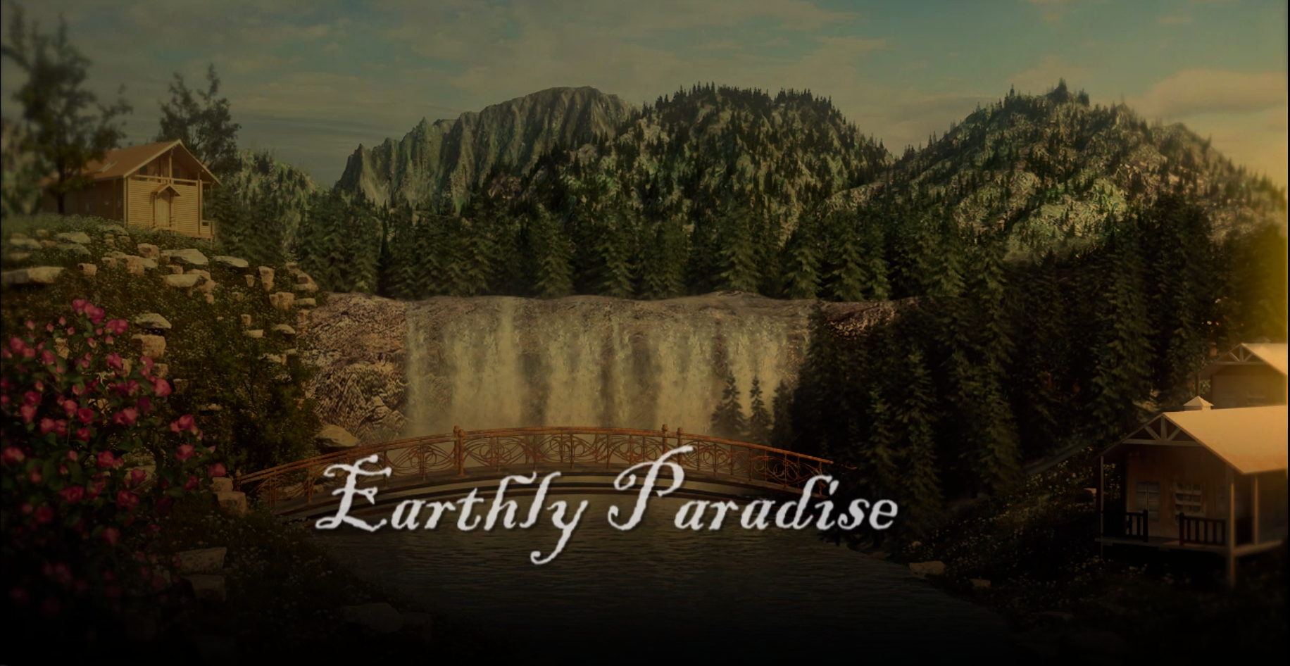 Tranquil natural scene showing wooden bridge over water with a waterfall and lush green trees, titled 'Earthly Paradise'
