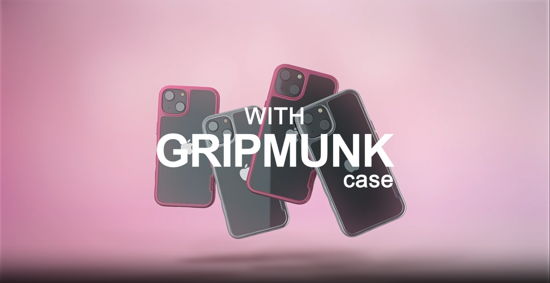 Multiple black iPhones with pink and transparent Gripmunk protective cases floating against a soft pink gradient background