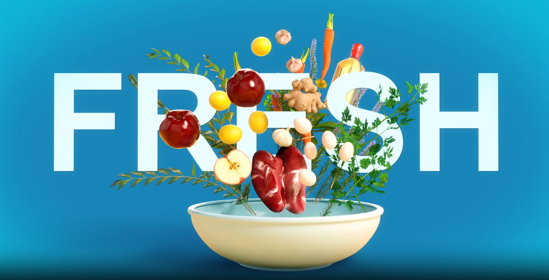 Fresh ingredients including apples, garlic, carrots, ginger, eggs, herbs, and a bottle arranged above a bowl with blue background and the word 'FRESH