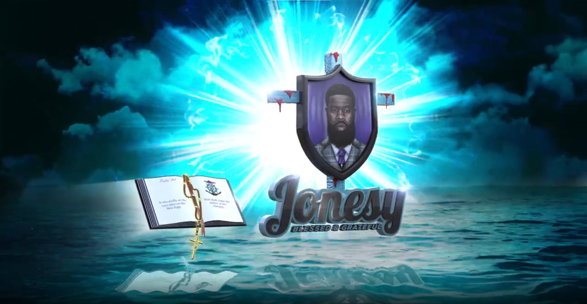 Animated glowing Jonesy shield logo with open book and cross key floating over reflective water surface with dark sky