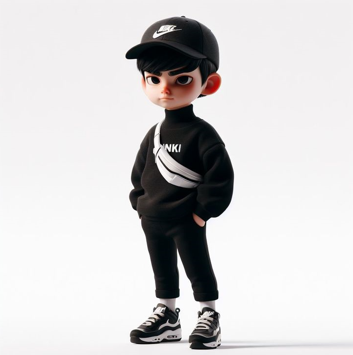 Stylized young boy in a black outfit and cap, posing confidently with a modern streetwear aesthetic.