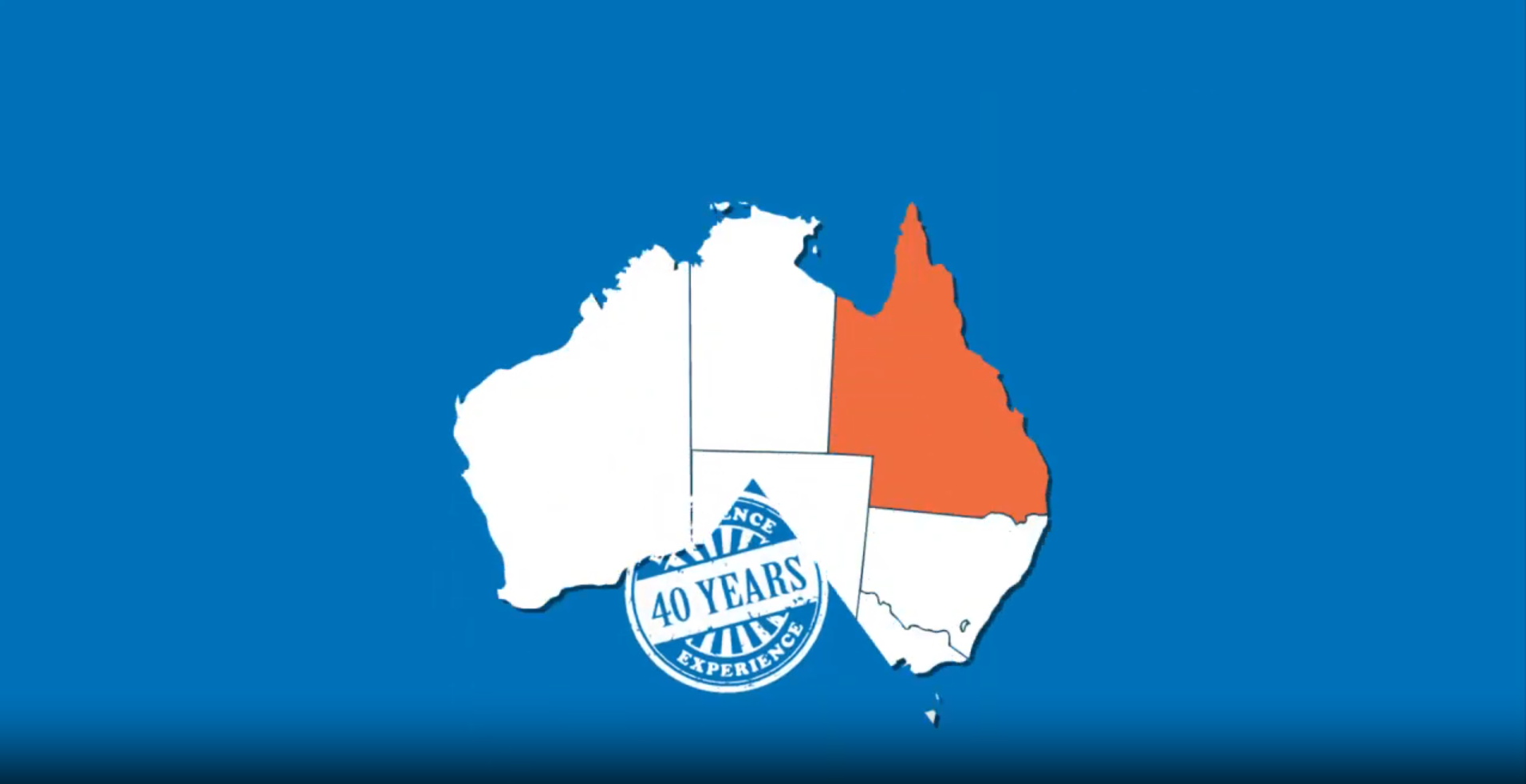 Map of Australia with the state of Queensland highlighted in orange against a blue background, featuring a badge stating "40 Years Experience" at the center.