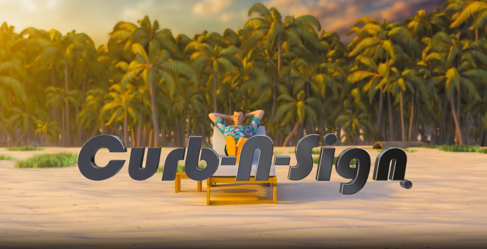 3D animated man relaxing on beach chair with 'Curb-N-Sign' brand name surrounded by tropical trees