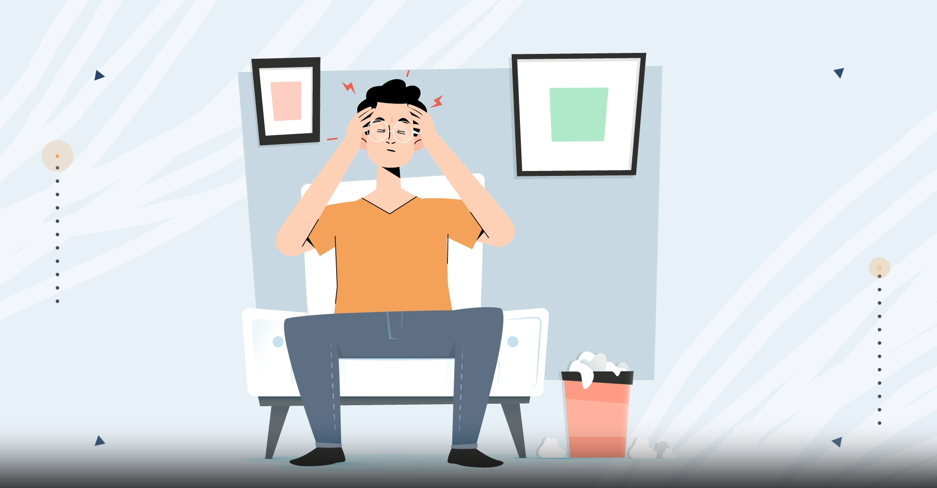 Cartoon of a person sitting and holding their head in discomfort