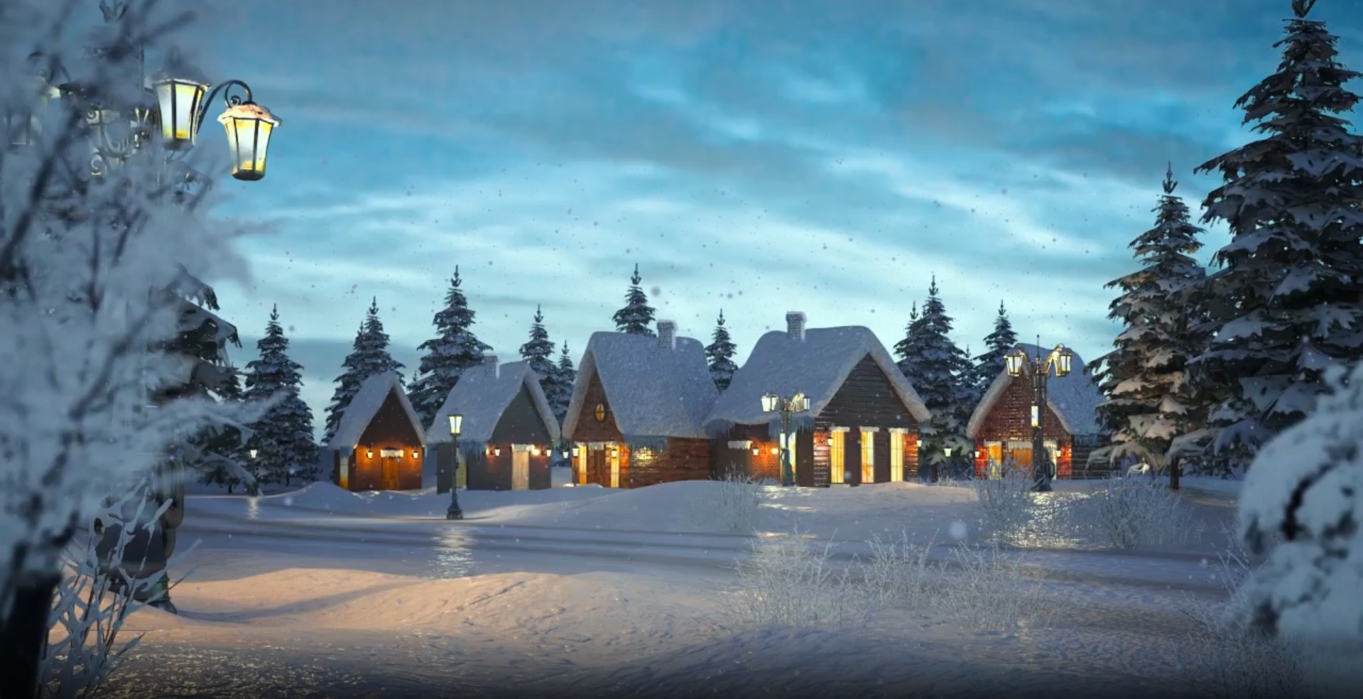 Winter landscape featuring a cozy village with snow-covered roofs and trees, illuminated by street lamps at dusk