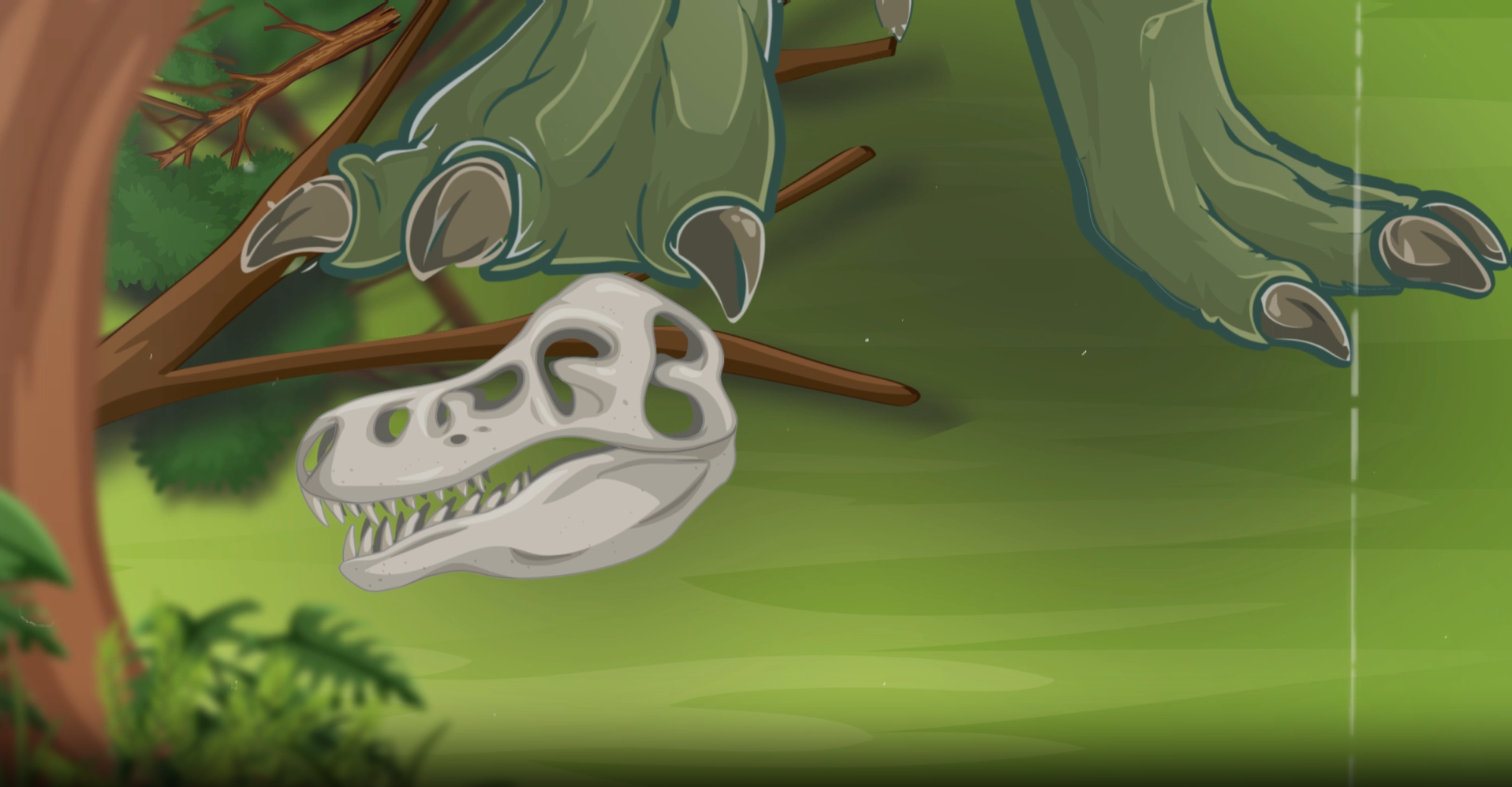 Illustration featuring a dinosaur claw above a dinosaur skull in a forest setting