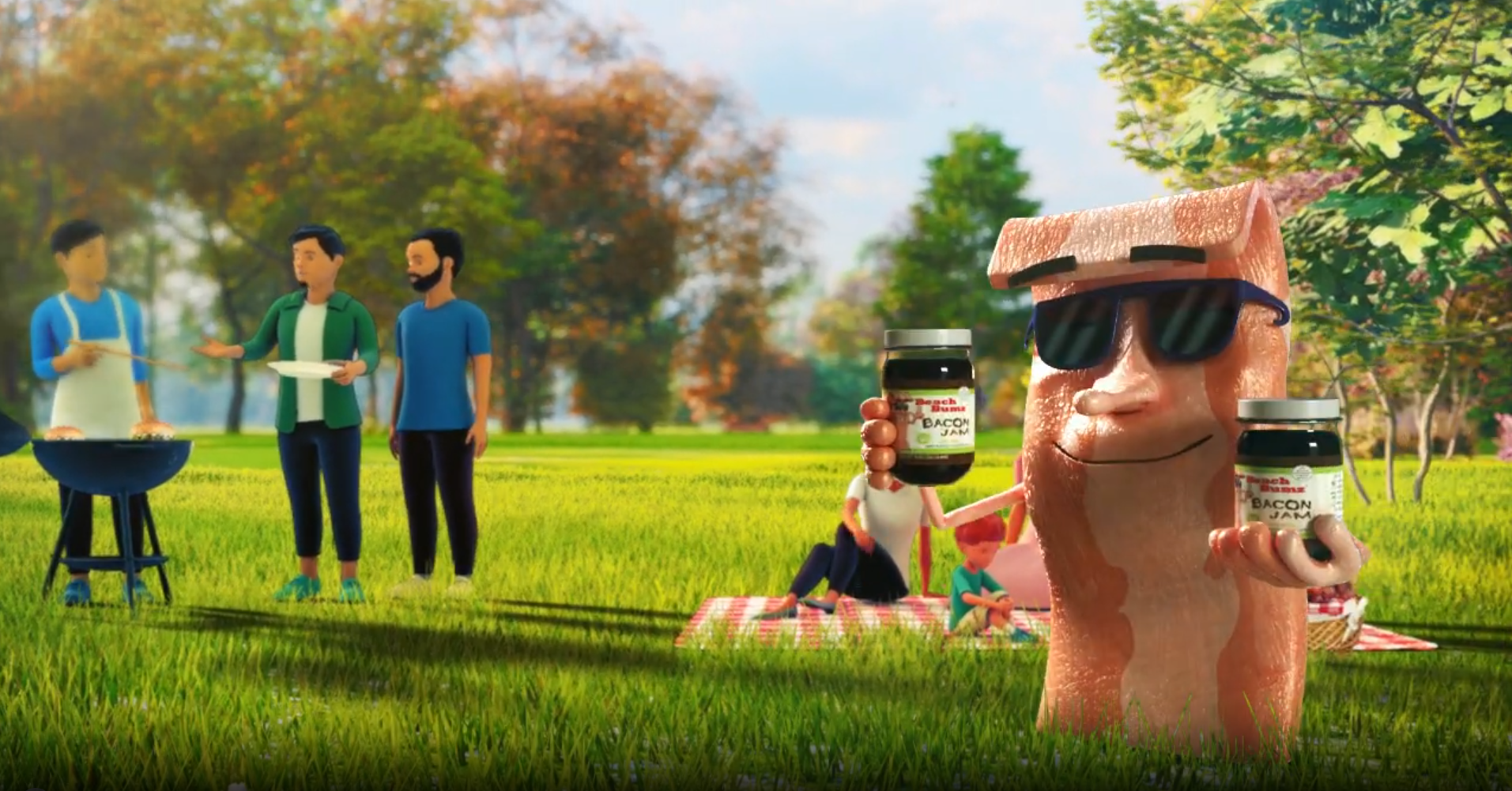 3D animated bacon jam character holding jars next to people having picnic in green park