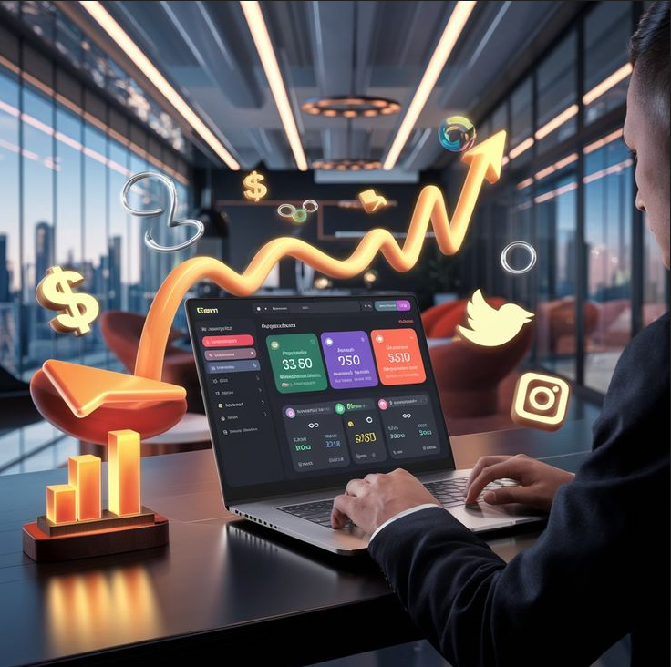 Person analyzing financial data on a laptop with growth indicators and social media icons.