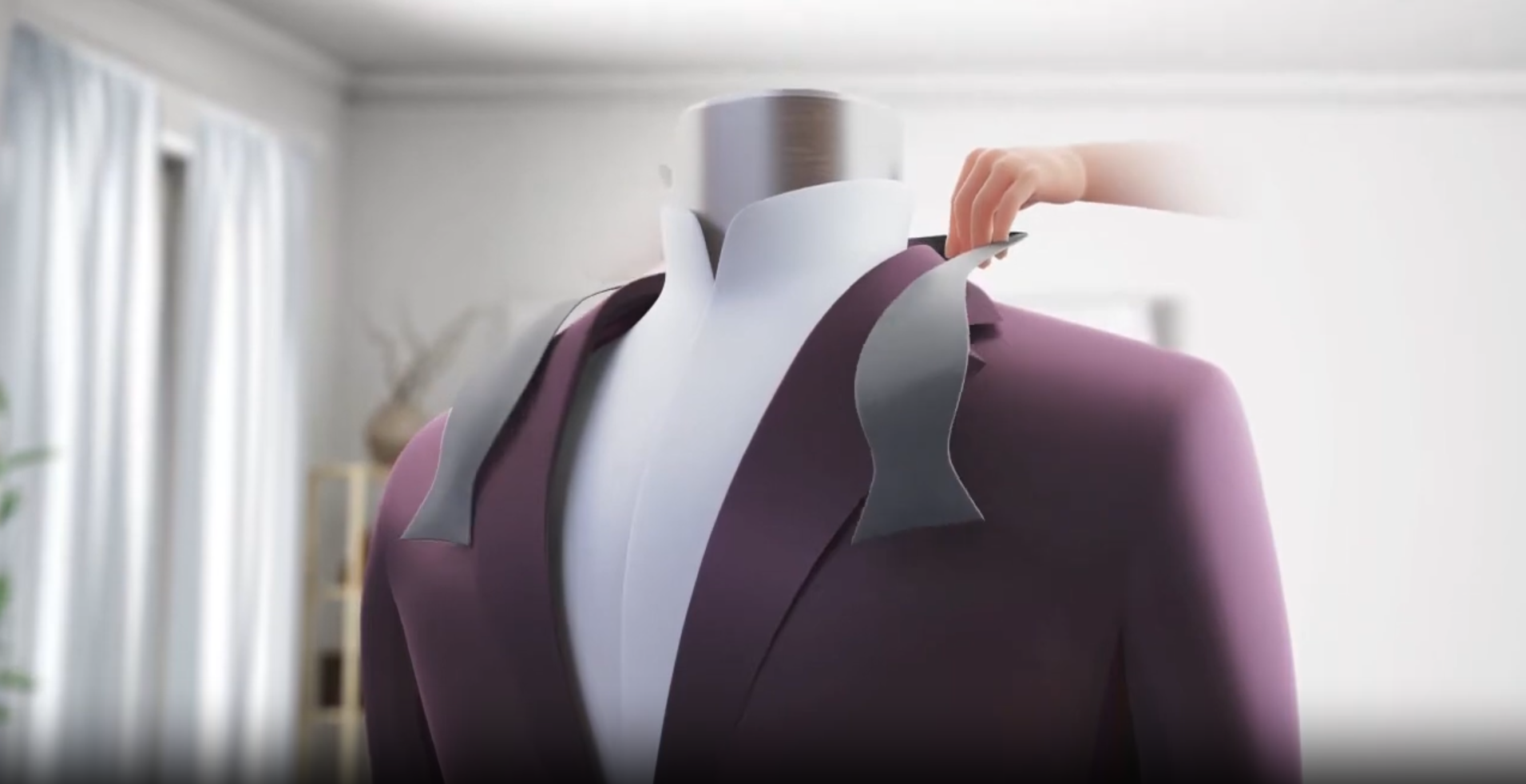 Close-up 3D animation of hand adjusting black bow tie on purple suit jacket collar
