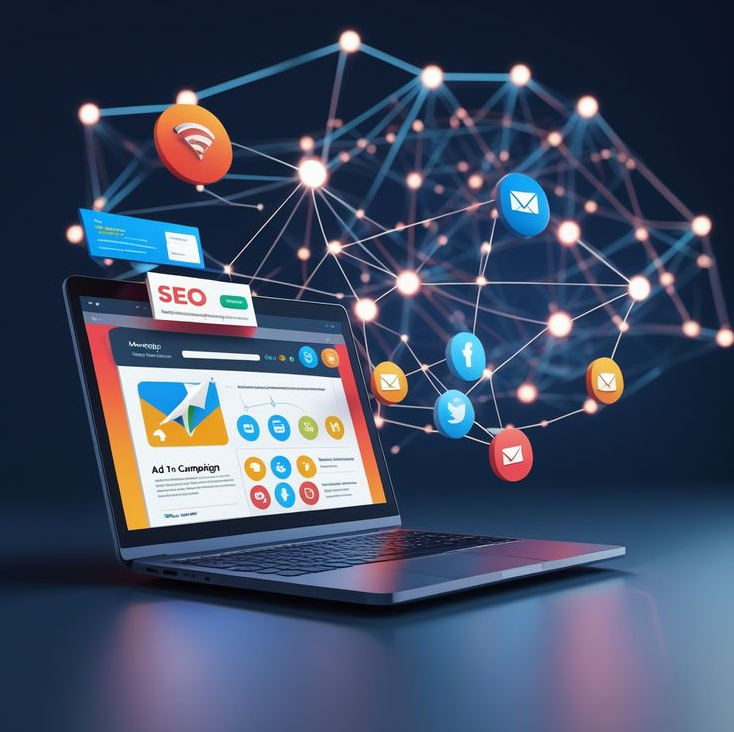 Marketing software interface displaying various social media platforms and SEO analytics.