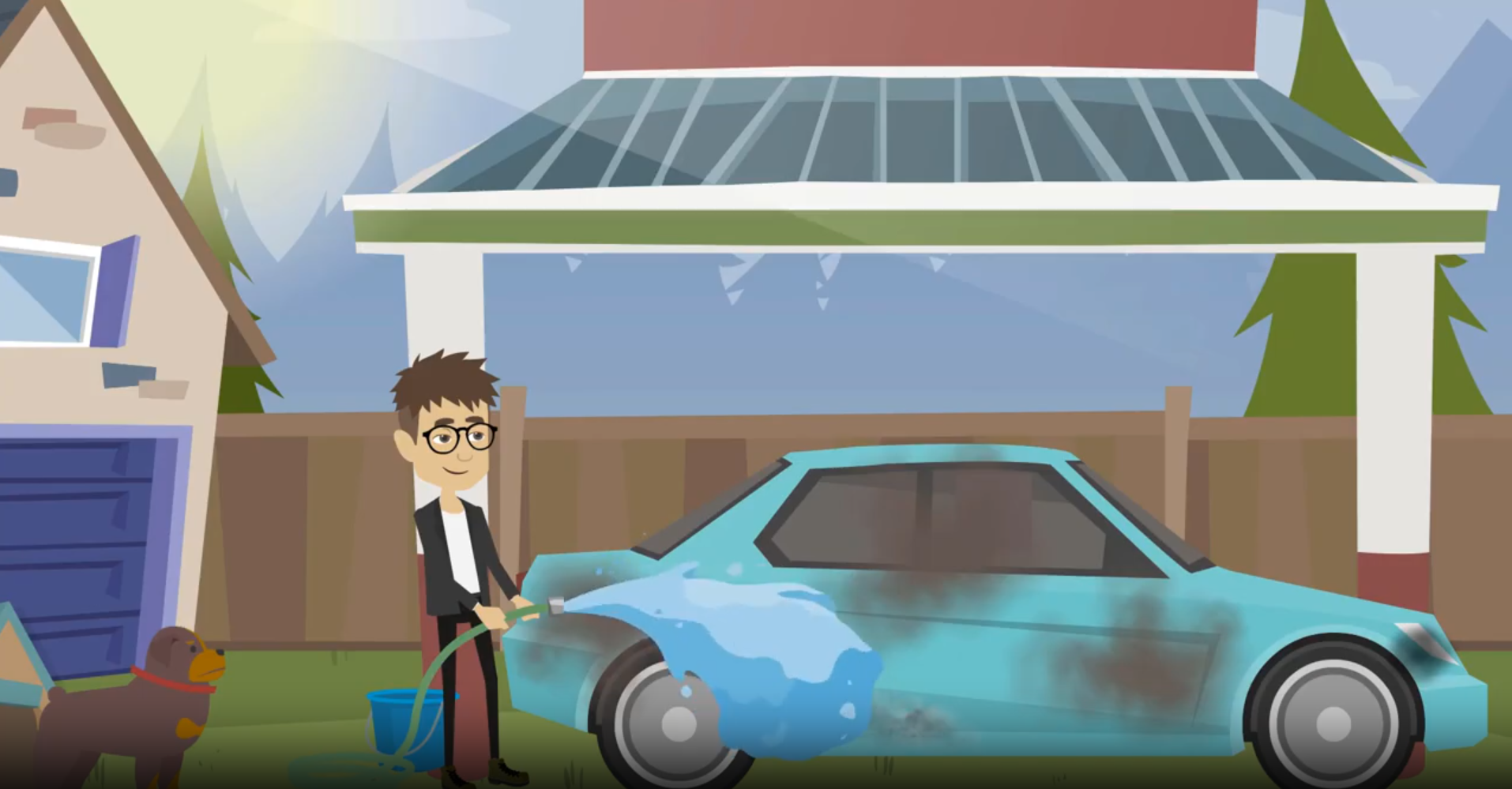 Animated depiction of a person washing a car in a residential setting