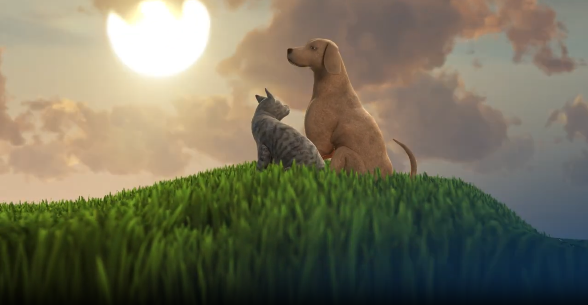 Animated brown dog and grey cat sitting on grassy hill watching colorful sunrise under partly cloudy sky
