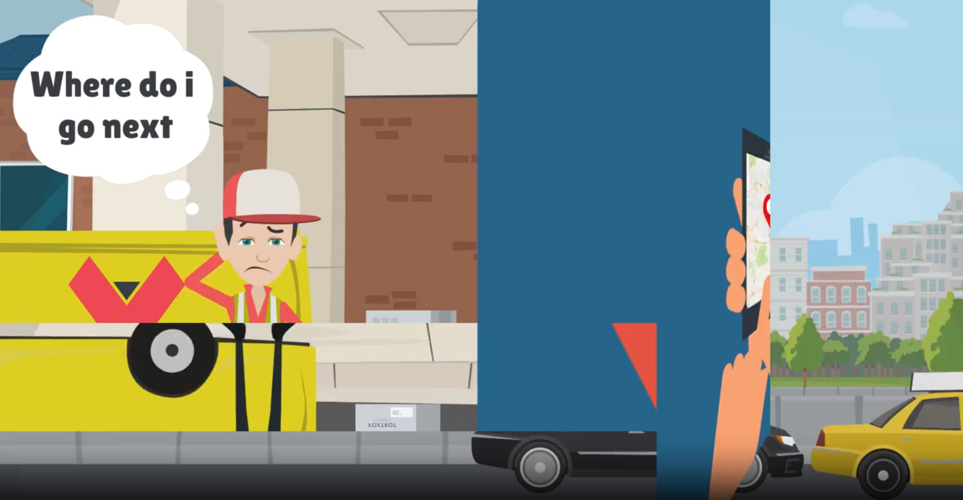 Character looking puzzled near a delivery truck while checking a map
