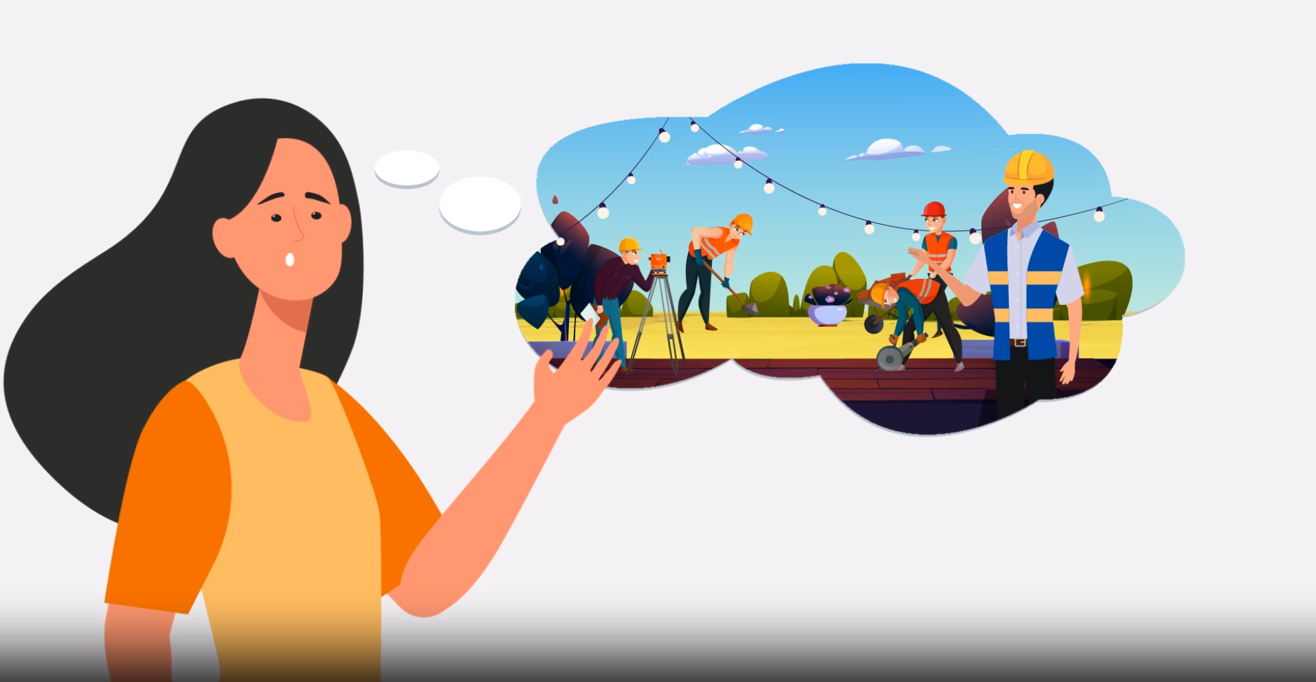 Animated woman thinking about construction workers building outdoors with tools and safety gear