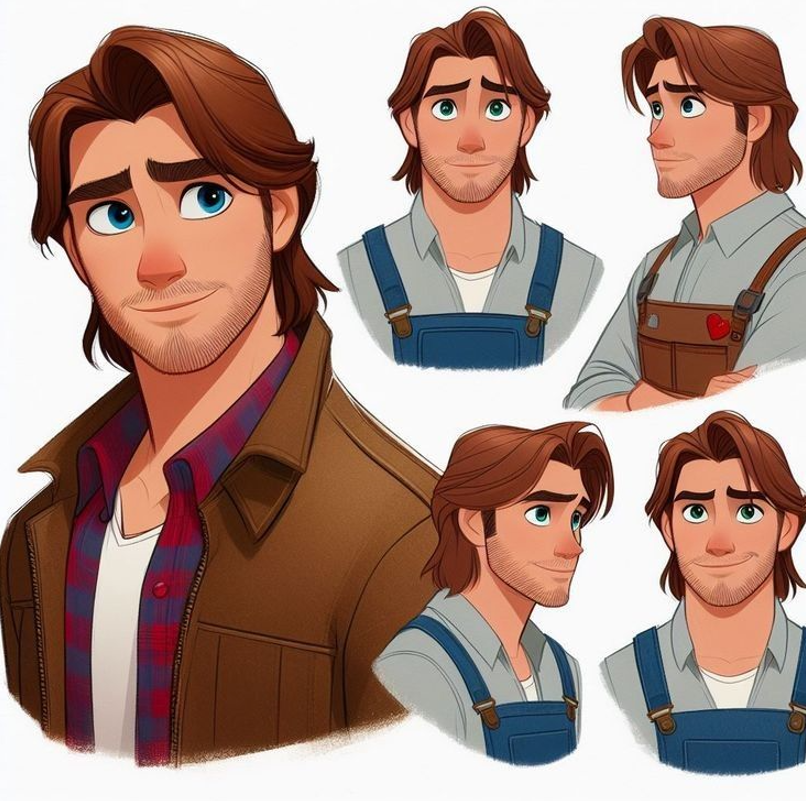 Cartoon farmer character with long brown hair in overalls and plaid shirt, multiple facial expressions