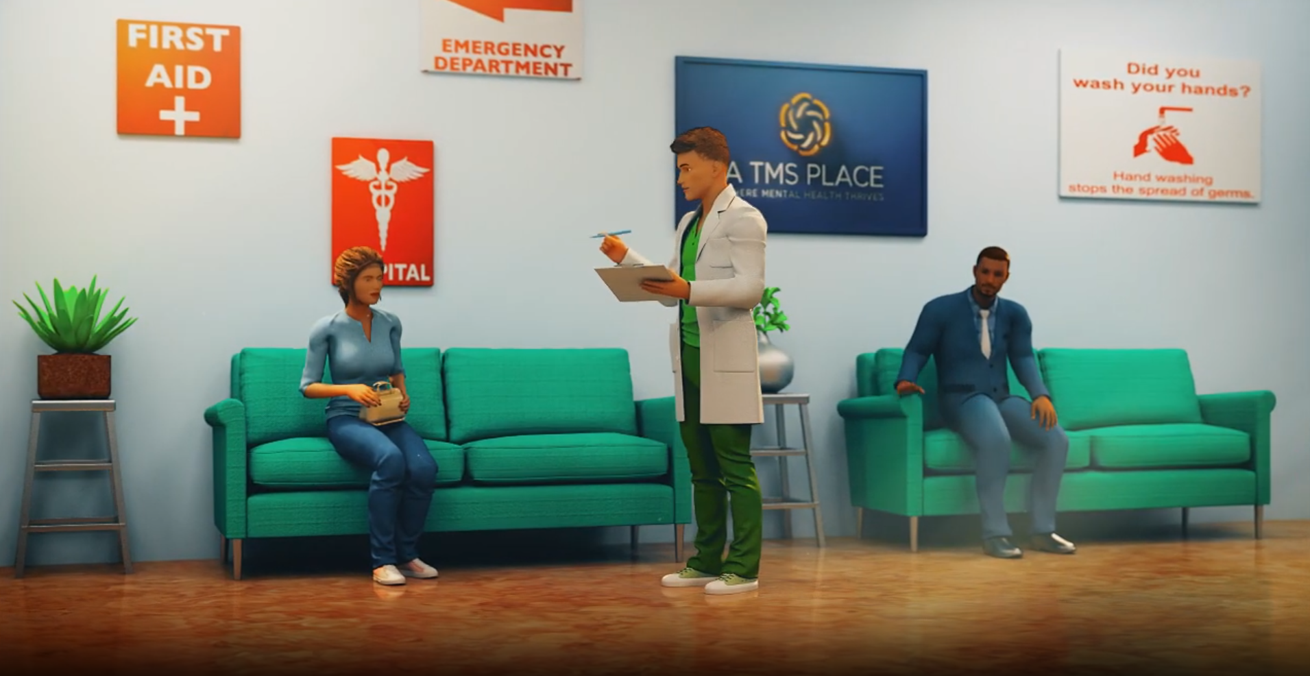 3D animated hospital waiting room scene with doctor speaking to seated patients and first aid signage
